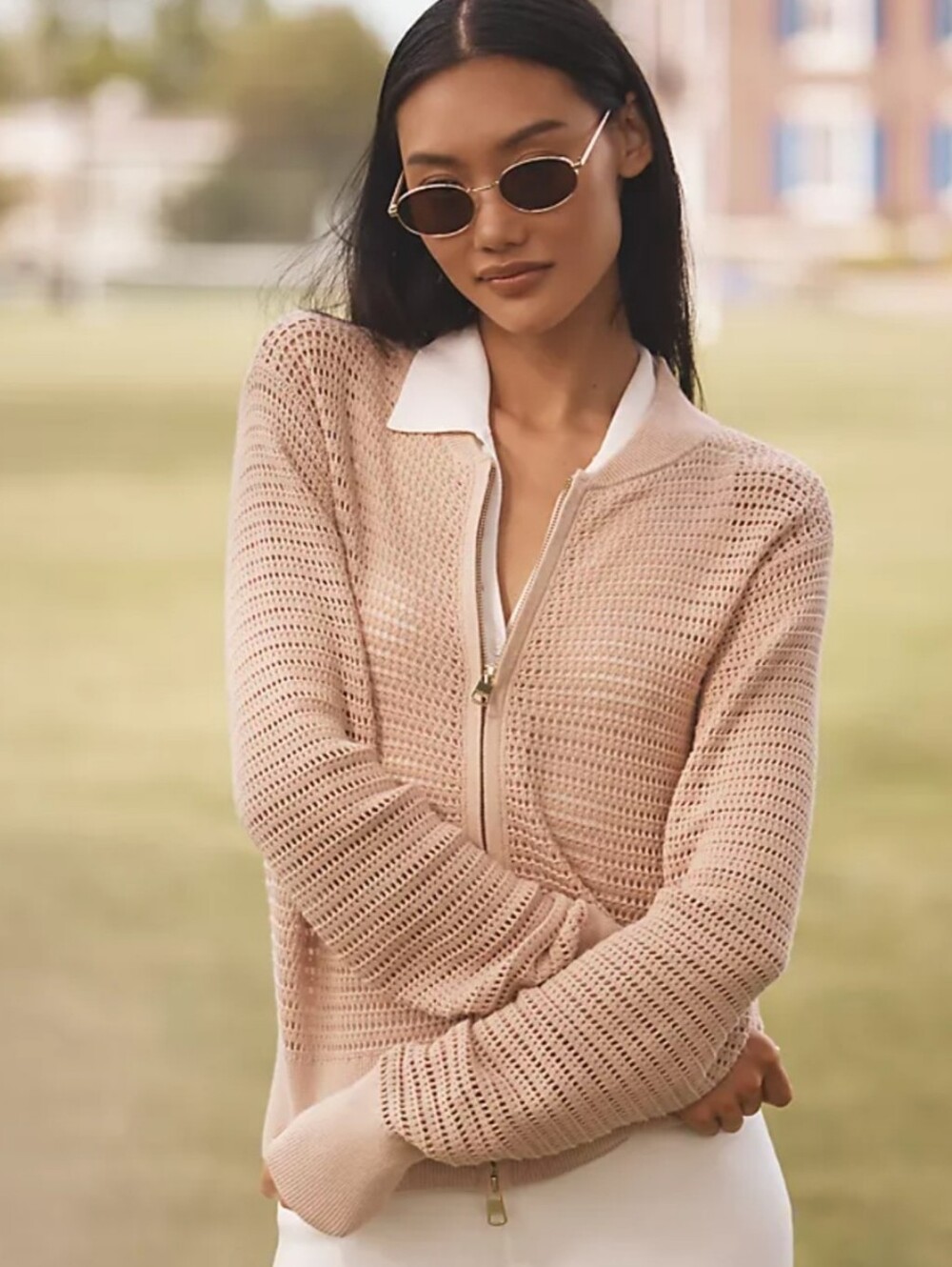 Varley Lai Cotton Long-Sleeve Zip-Front Tan Knit Jacket Size XS